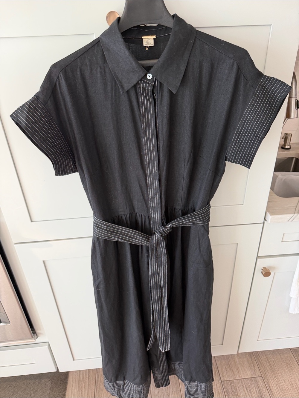 Magaschoni Black Linen-Blend Midi Shirt Dress with Pinstripe Trim